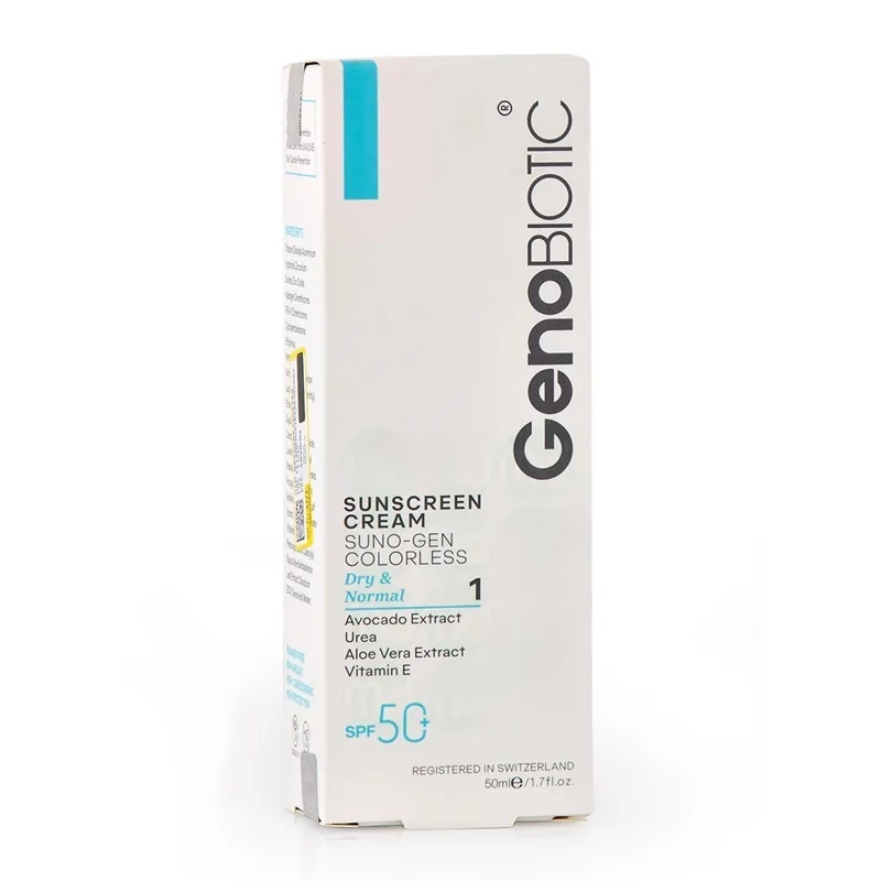کرم ضد آفتاب بی رنگ ژنوبایوتیک spf 50 مخصوص پوست خشک و معمولی
